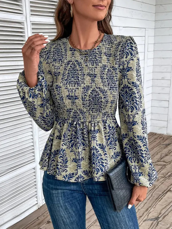 Ladies New Round Neck Elegant Slim Long Sleeve Print kakaclo