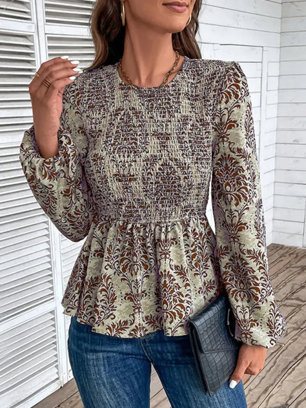 Ladies New Round Neck Elegant Slim Long Sleeve Print kakaclo