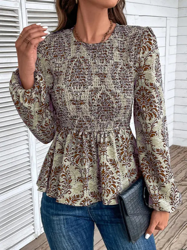 Ladies New Round Neck Elegant Slim Long Sleeve Print kakaclo