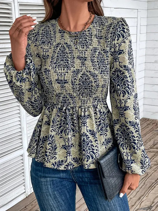 Ladies New Round Neck Elegant Slim Long Sleeve Print kakaclo