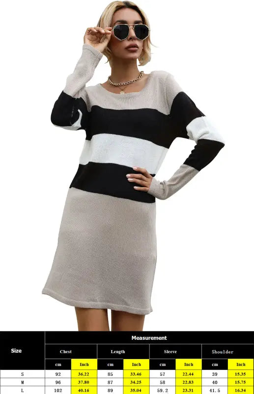 Ladies Round Neck Pullover Color Block Sweater Dress BLUE ZONE PLANET