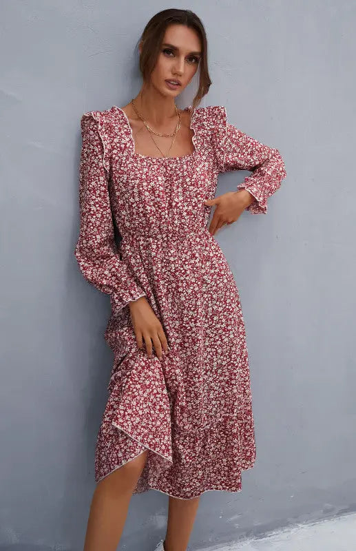 chinese dress ladies Ruffle Hem Floral Square Neck Long Sleeve Dress Sage / XL