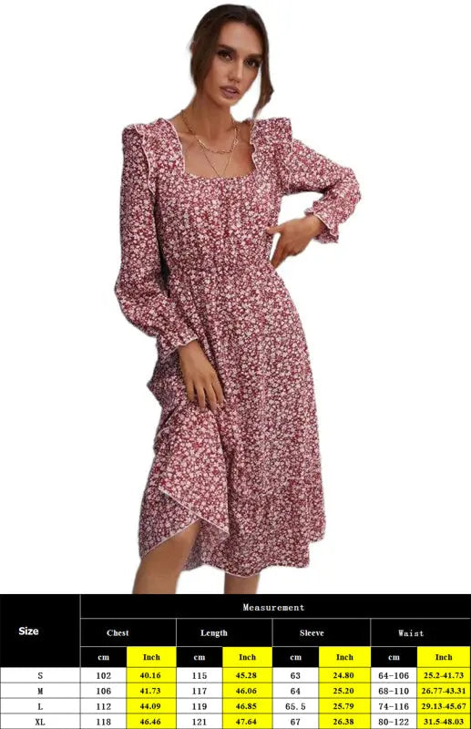 Ladies Square Neck Long Sleeve Ruffled Floral Dress BLUE ZONE PLANET