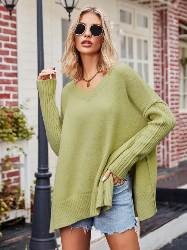 Ladies V Neck Plus Size Fashion Knit Sexy Pullover Sweater kakaclo
