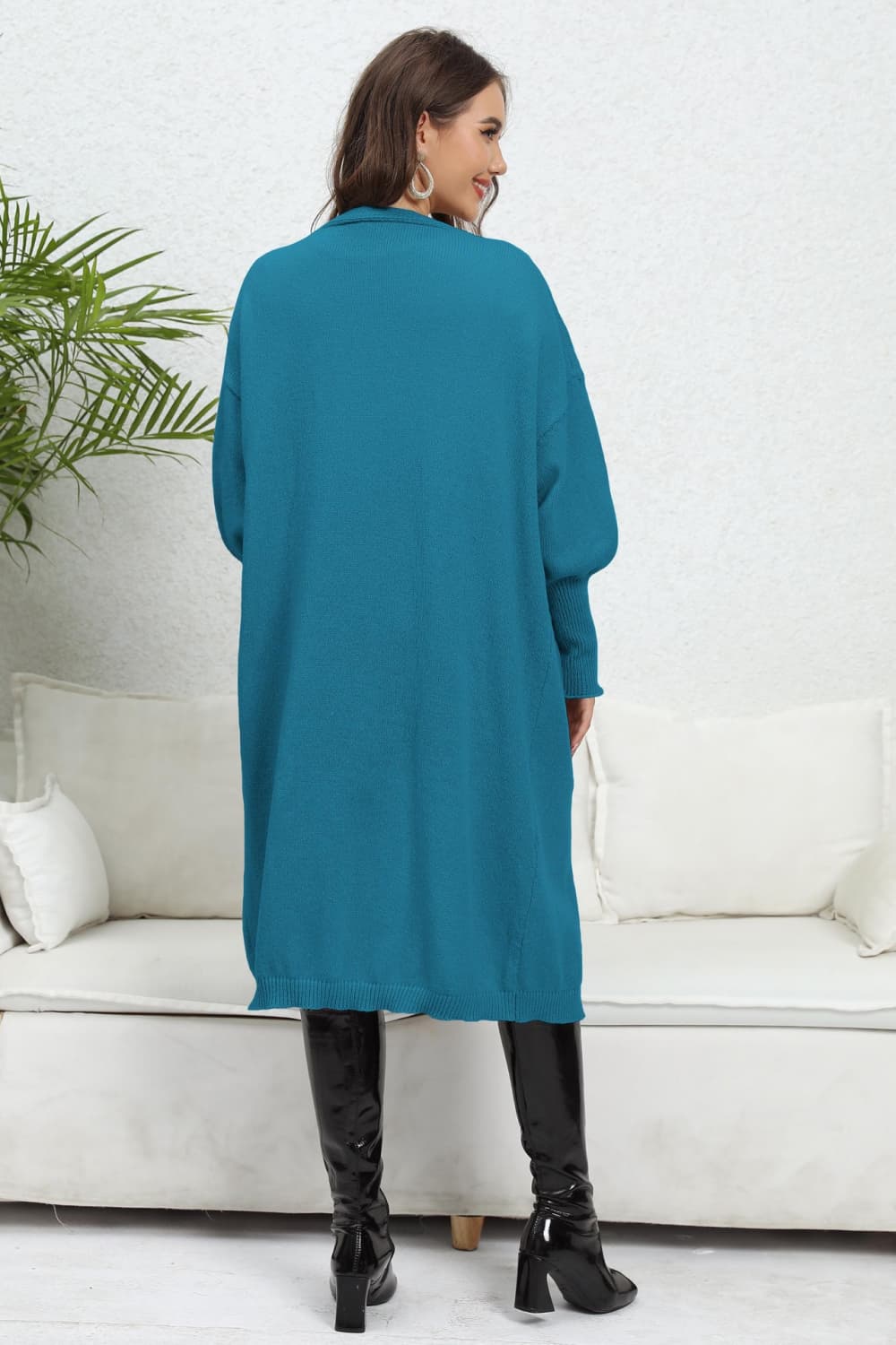 Lantern Sleeve Open Front Pocketed Cardigan BLUE ZONE PLANET