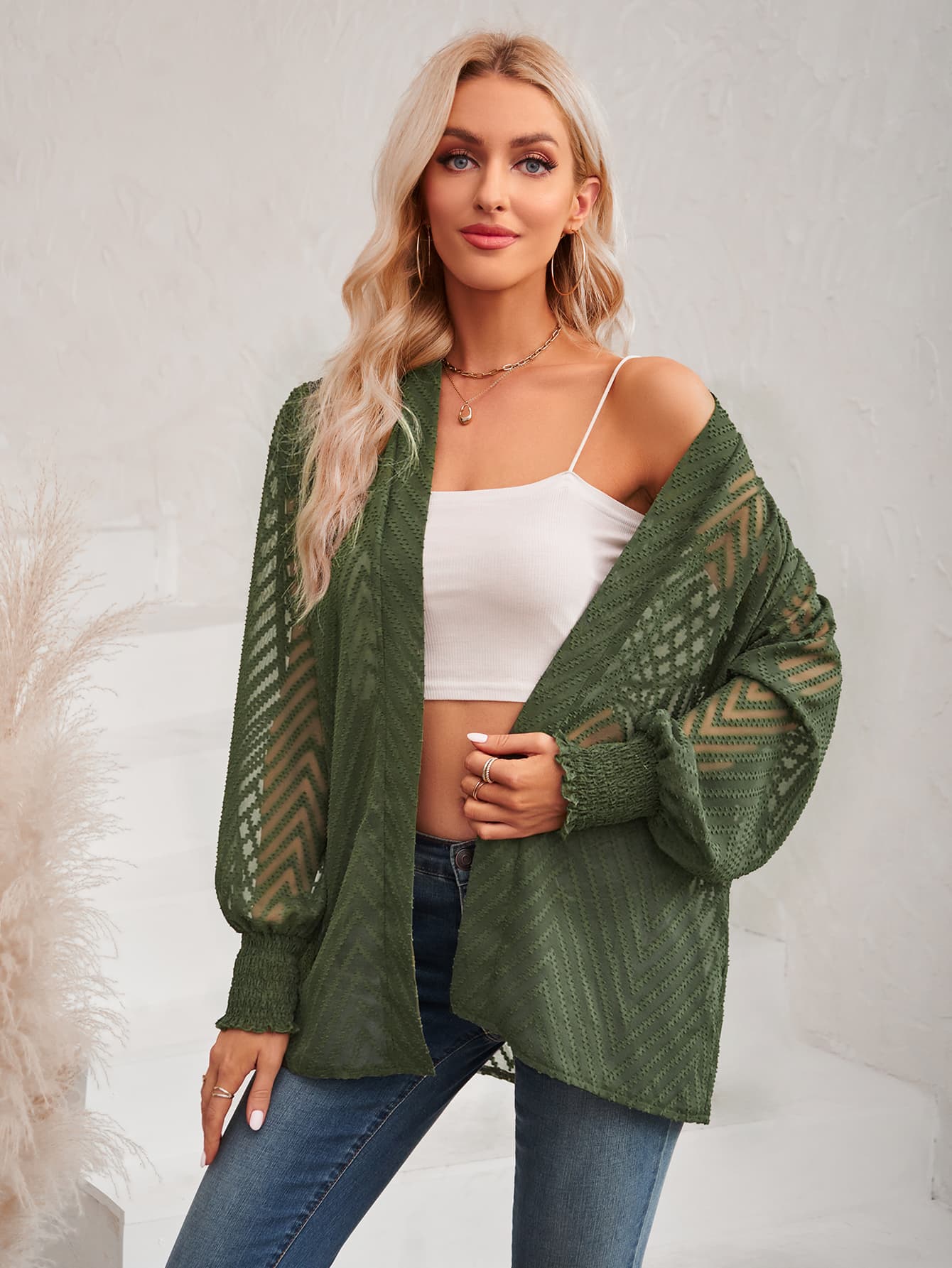 Lantern Sleeve Open Front Sheer Cardigan BLUE ZONE PLANET