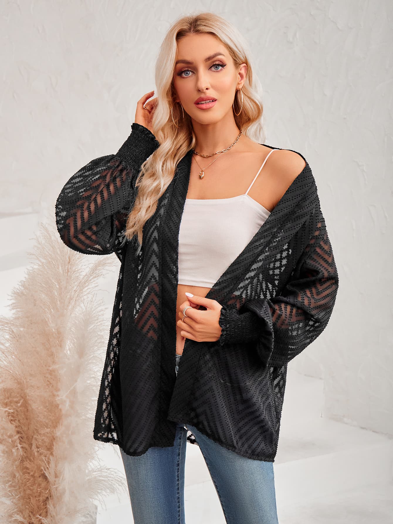 Lantern Sleeve Open Front Sheer Cardigan BLUE ZONE PLANET