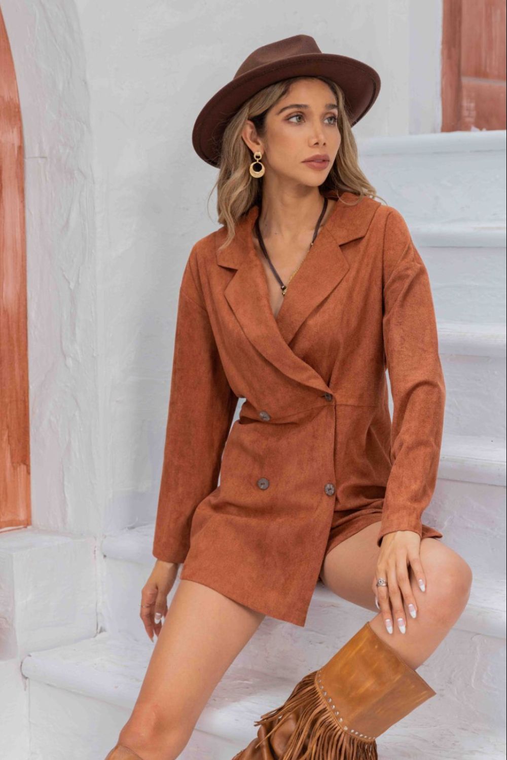 Lapel Collar Long Sleeve Romper BLUE ZONE PLANET