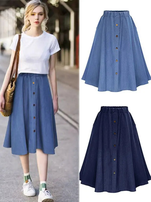 Laura's High Waist Solid Color Midi Denim Skirt kakaclo