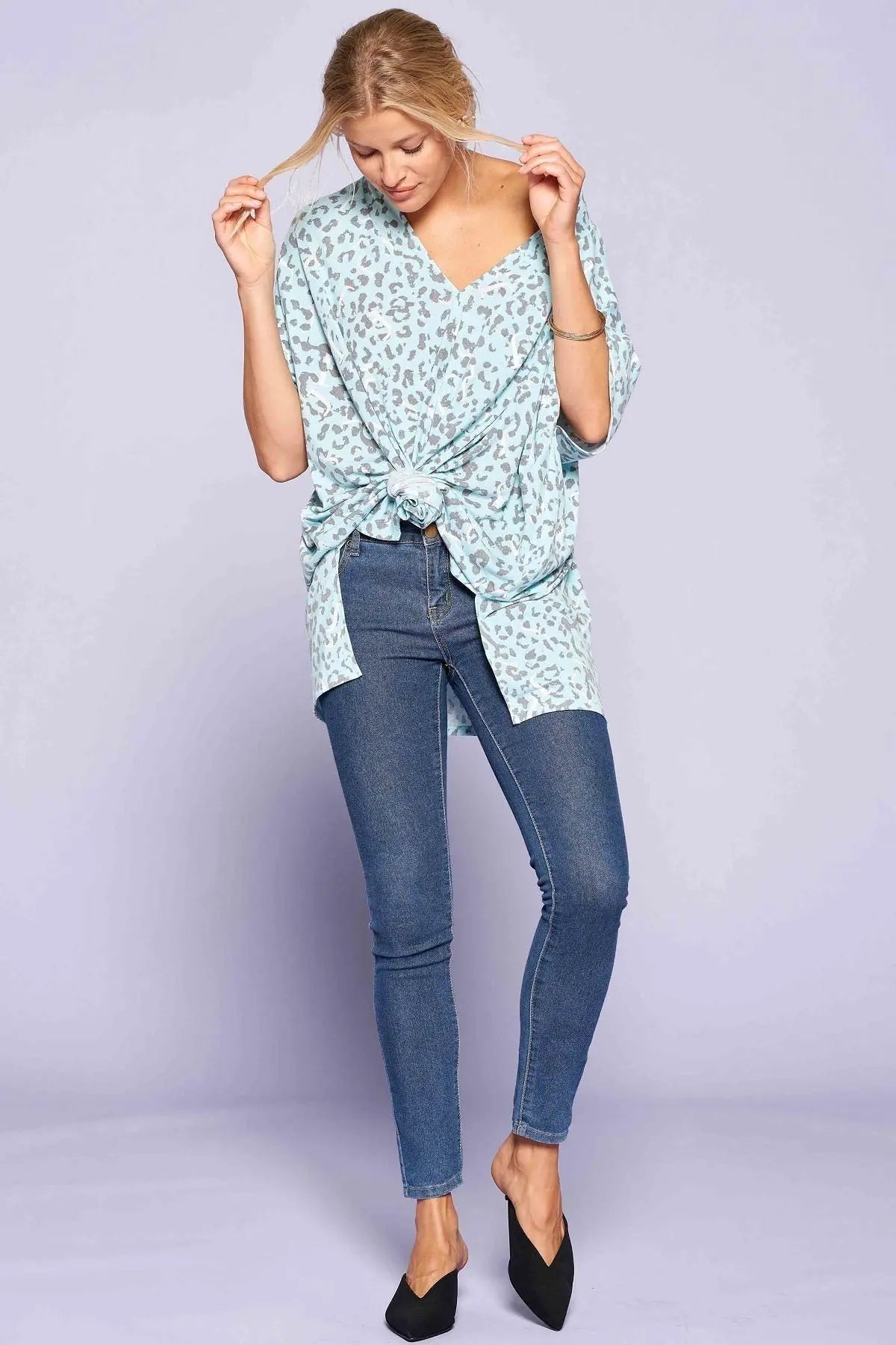 Leopard And Letter Printed Knit Top Blue Zone Planet