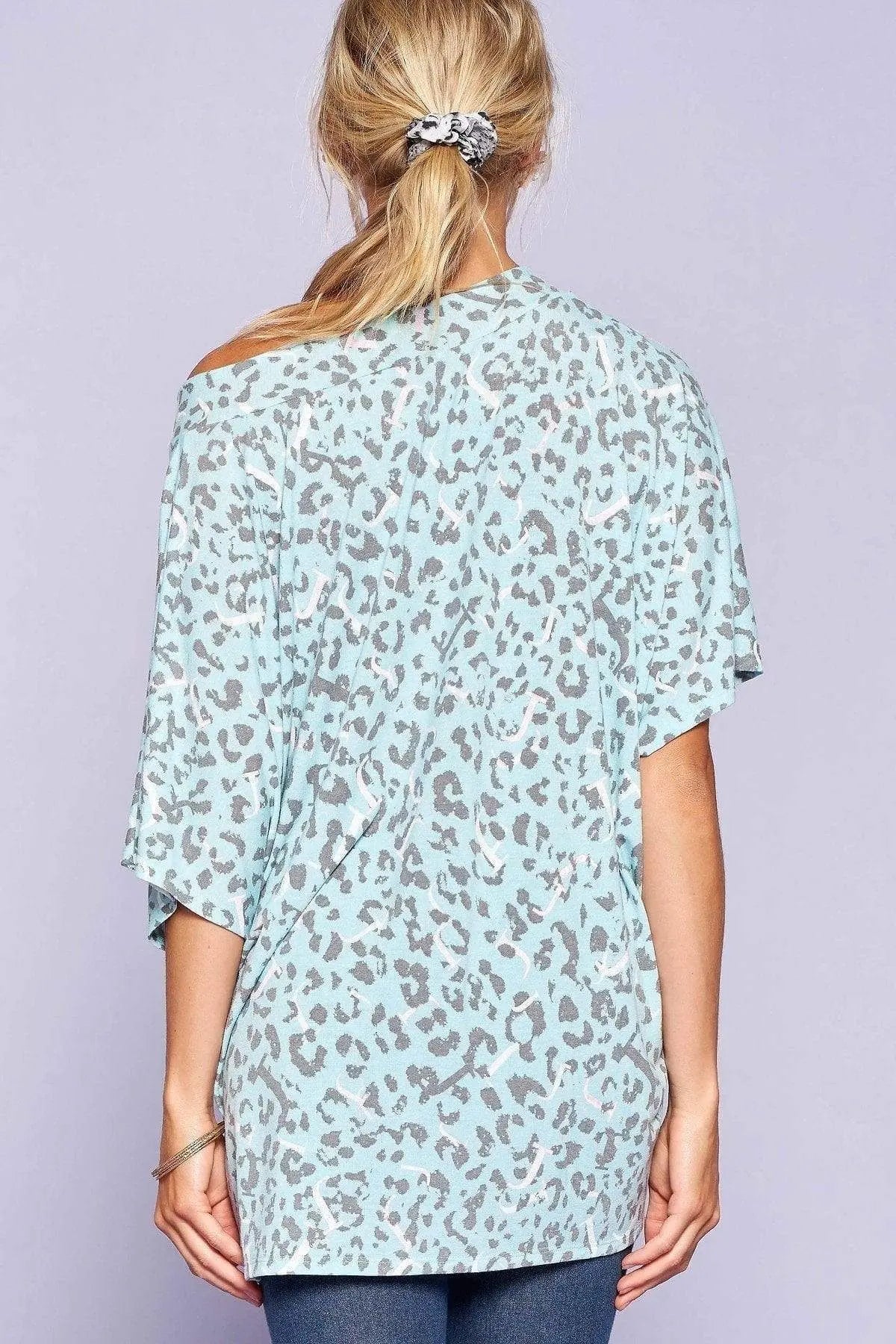 Leopard And Letter Printed Knit Top Blue Zone Planet