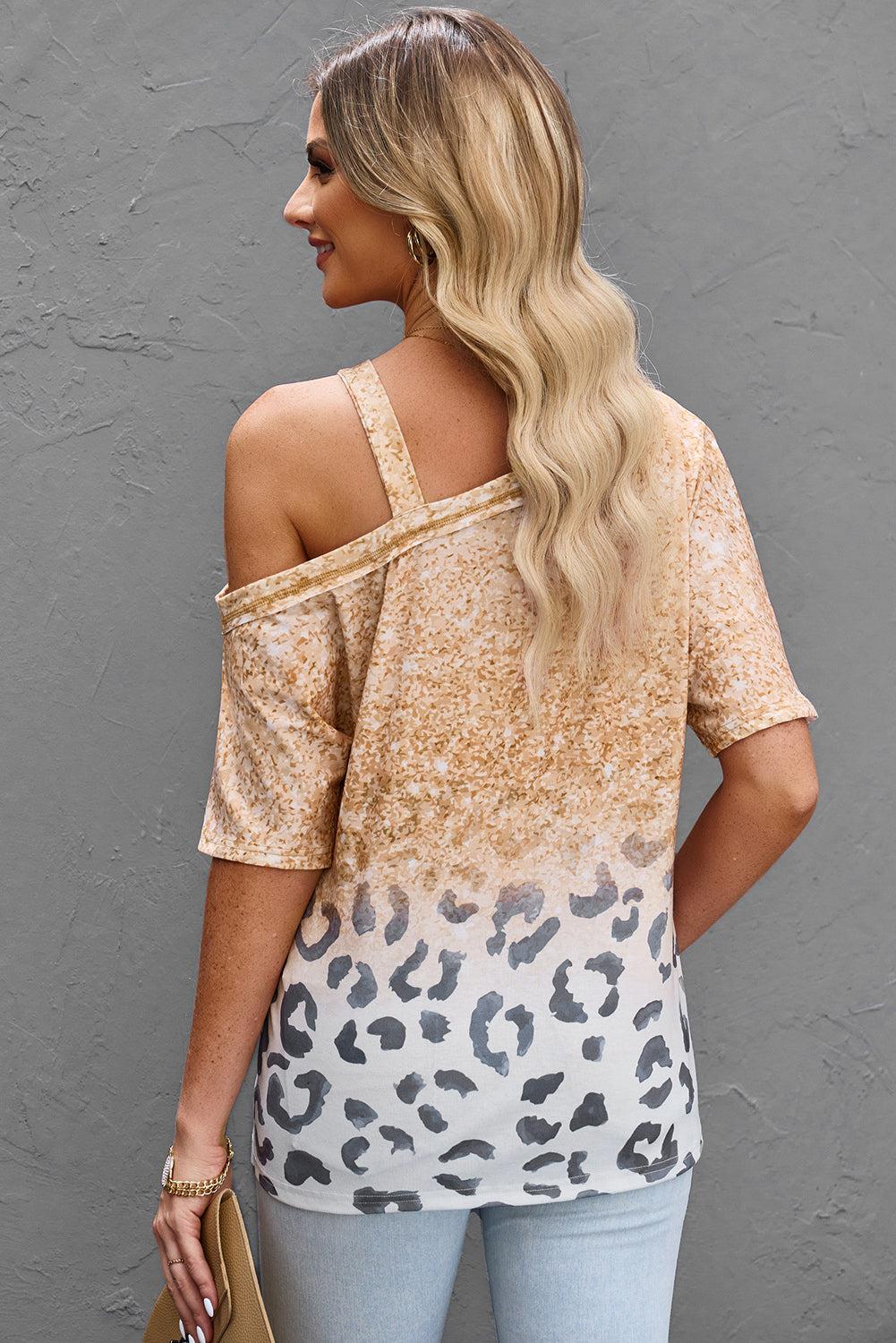 Leopard Asymmetrical Neck Cold-Shoulder Blouse BLUE ZONE PLANET