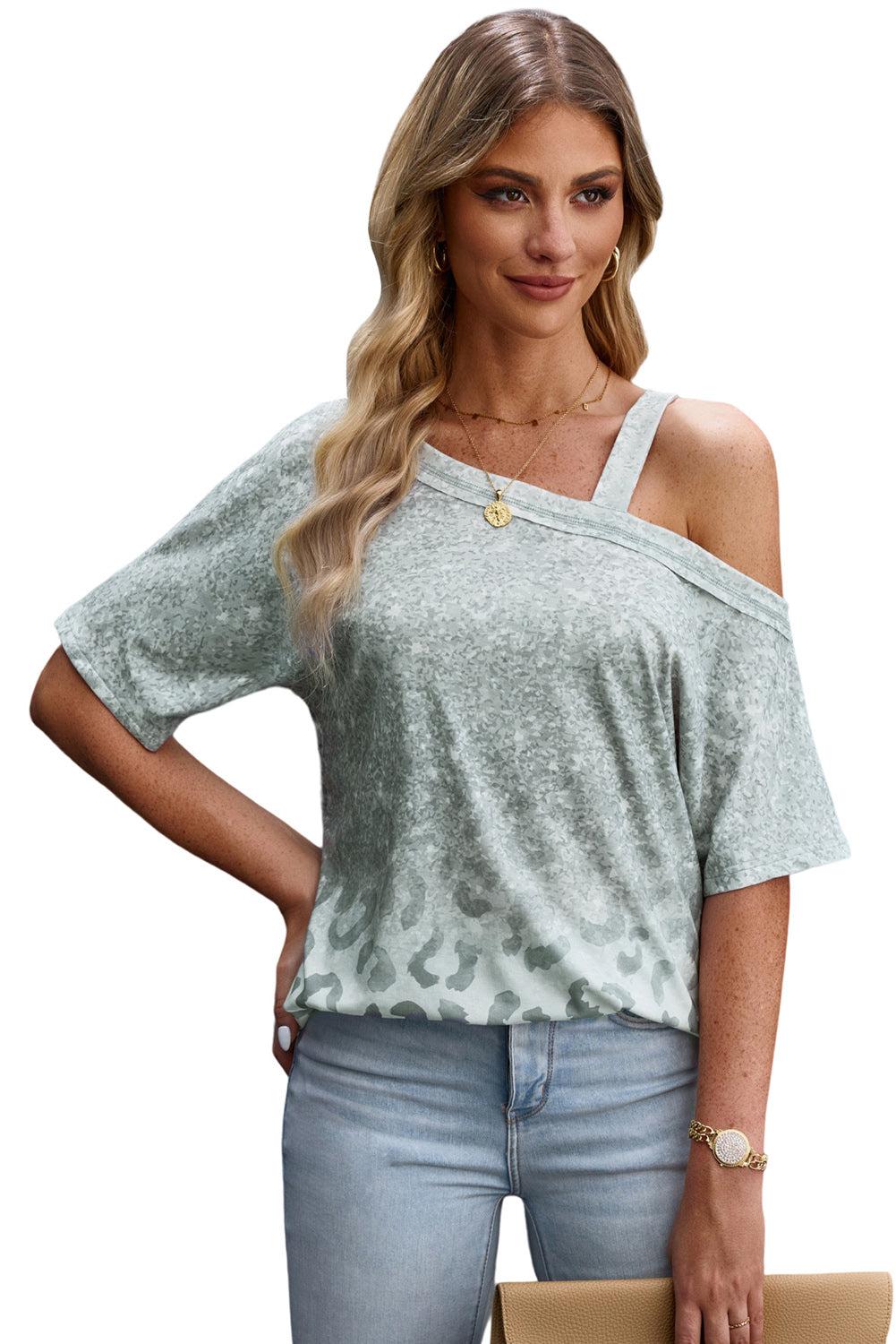 Leopard Asymmetrical Neck Cold-Shoulder Blouse BLUE ZONE PLANET