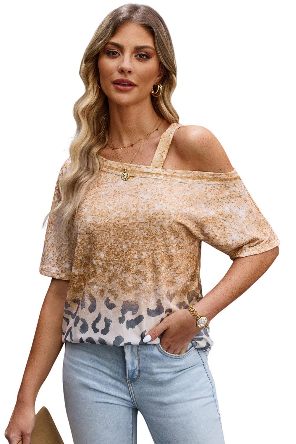 Leopard Asymmetrical Neck Cold-Shoulder Blouse BLUE ZONE PLANET