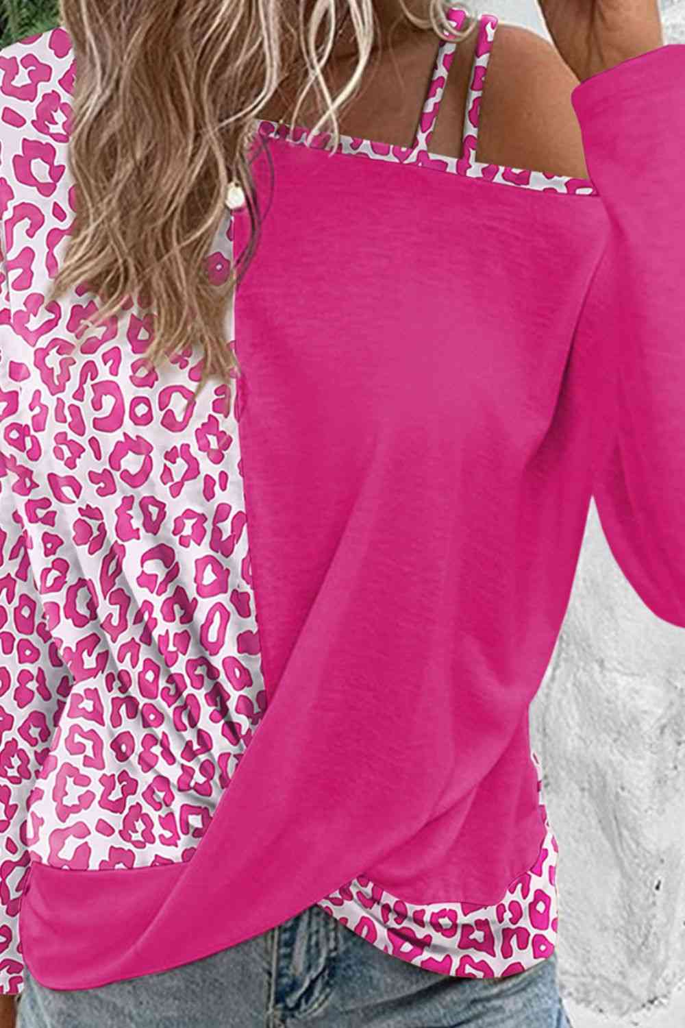 Leopard Asymmetrical Neck Long Sleeve Blouse BLUE ZONE PLANET