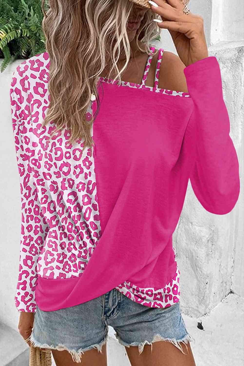 Leopard Asymmetrical Neck Long Sleeve Blouse BLUE ZONE PLANET