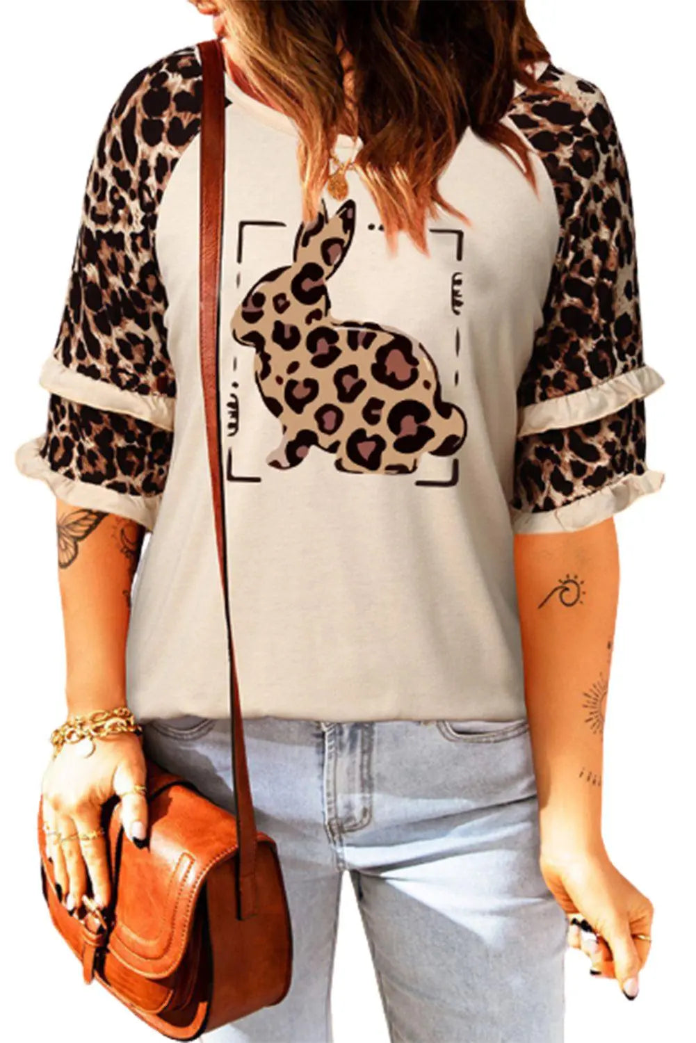 Leopard Bunny Graphic Layered Sleeve T-Shirt BLUE ZONE PLANET