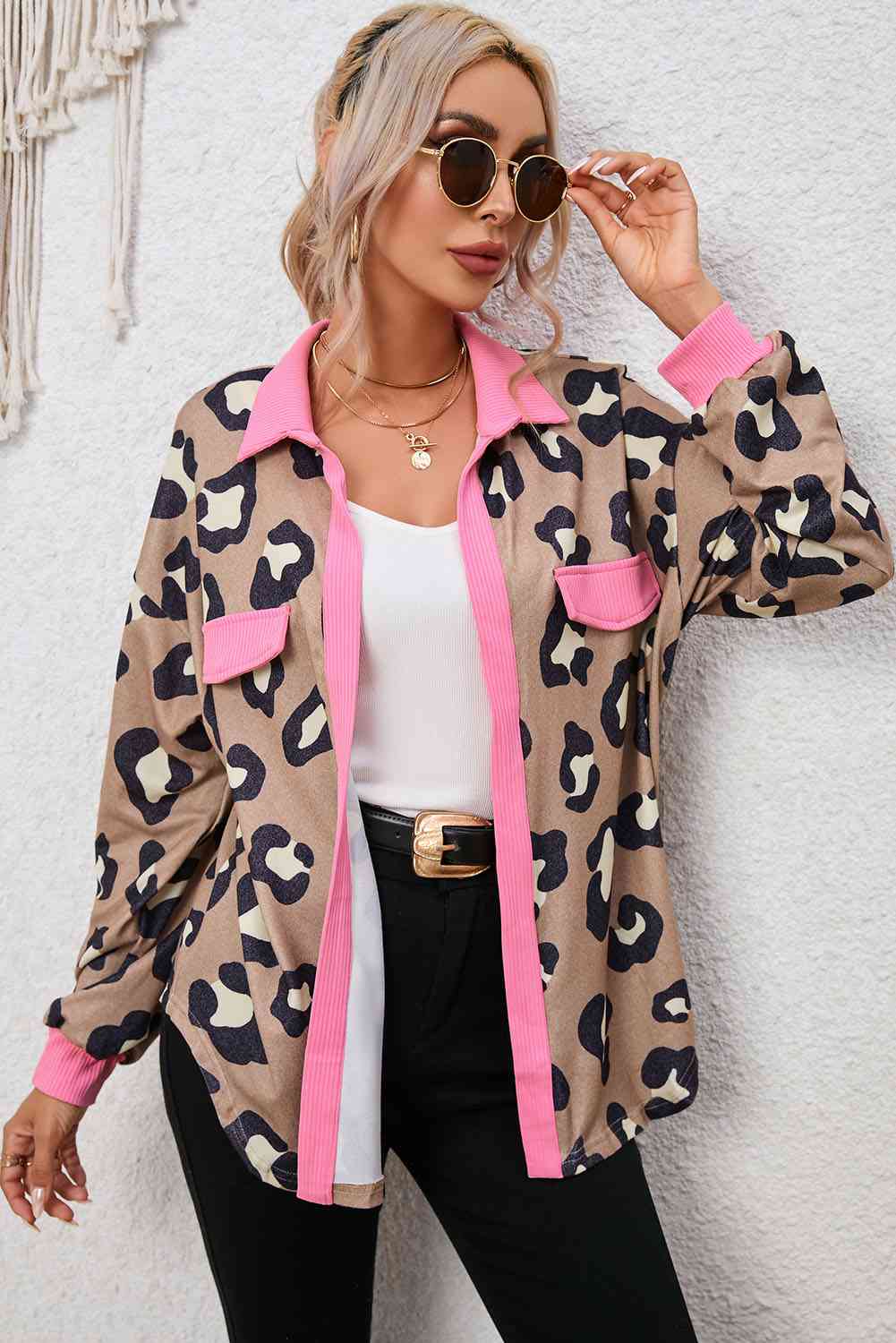 Leopard Collared Drop Shoulder Jacket BLUE ZONE PLANET