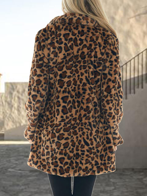 Leopard Collared Neck Coat with Pockets BLUE ZONE PLANET