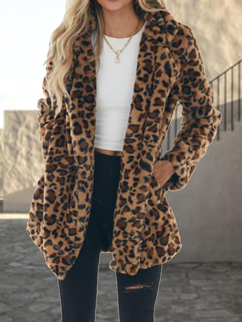 Leopard Collared Neck Coat with Pockets BLUE ZONE PLANET