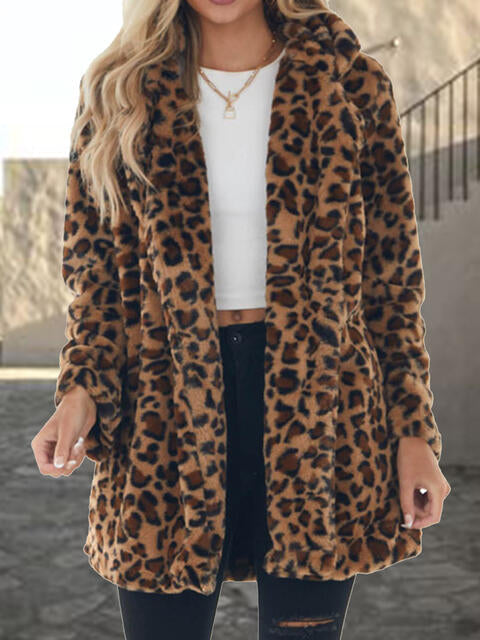Leopard Collared Neck Coat with Pockets BLUE ZONE PLANET