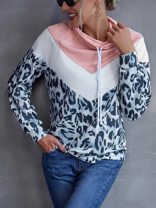 Leopard Color Block Drawstring Sweatshirt BLUE ZONE PLANET