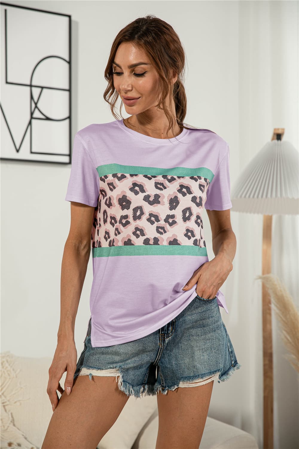 Leopard Color Block Side Slit Tee BLUE ZONE PLANET