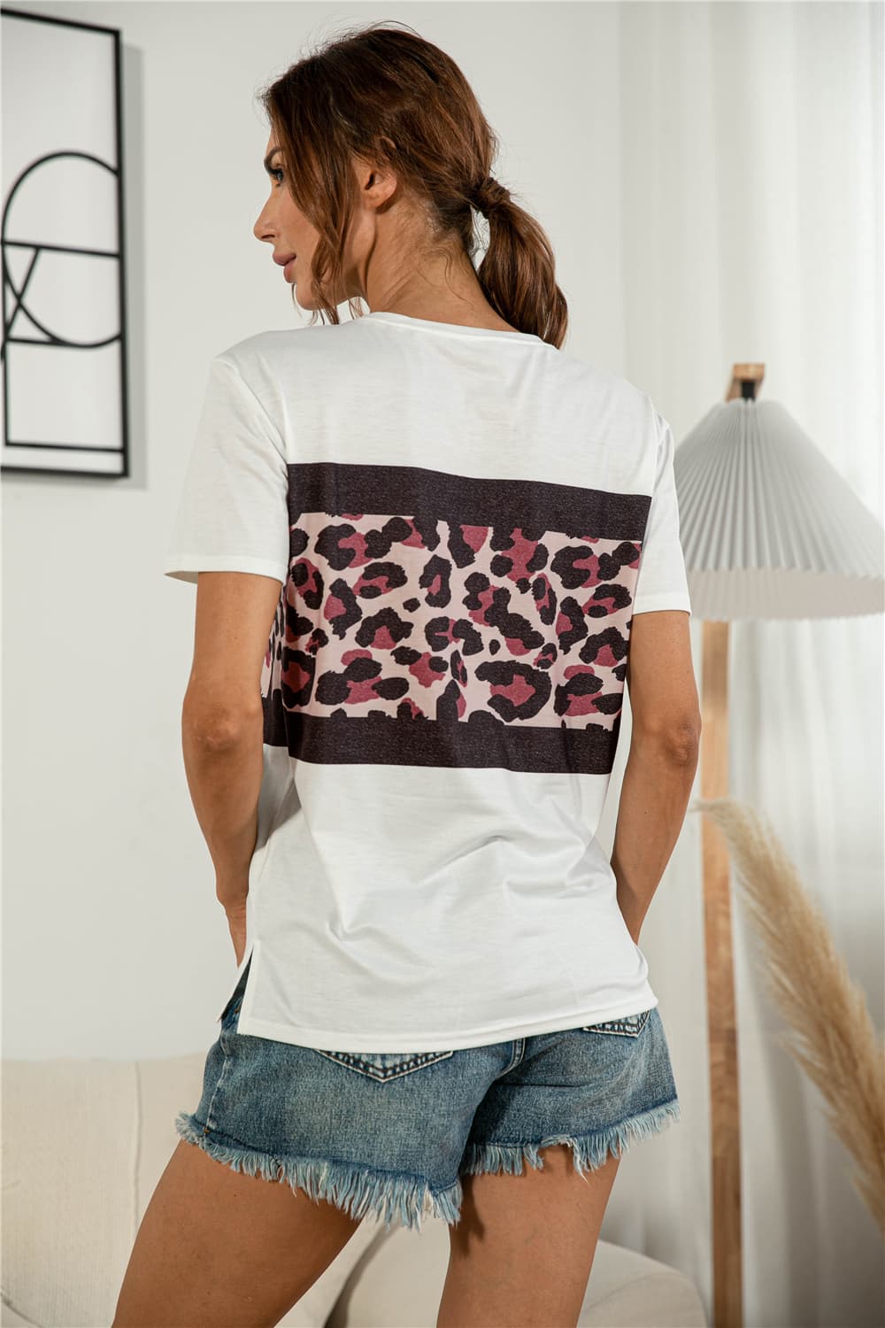 Leopard Color Block Side Slit Tee BLUE ZONE PLANET