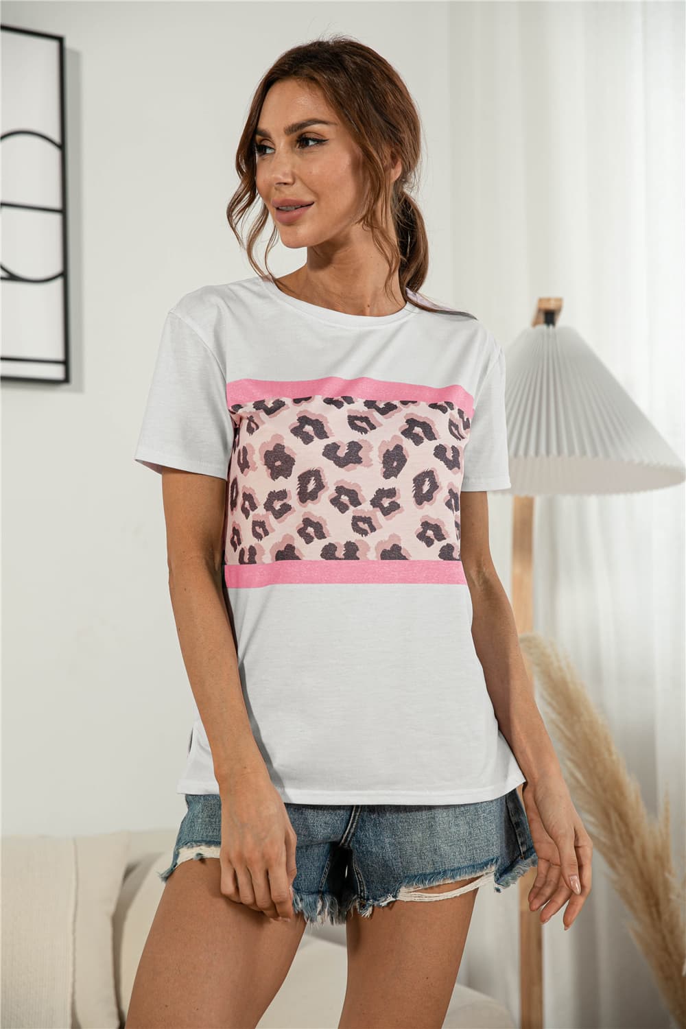 Leopard Color Block Side Slit Tee BLUE ZONE PLANET