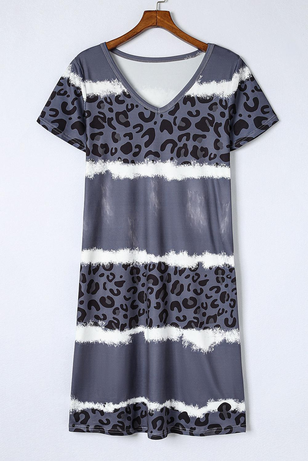 Leopard Color Block V-Neck Short Sleeve Dress BLUE ZONE PLANET