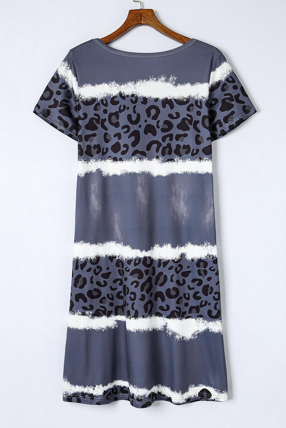 Leopard Color Block V-Neck Short Sleeve Dress BLUE ZONE PLANET