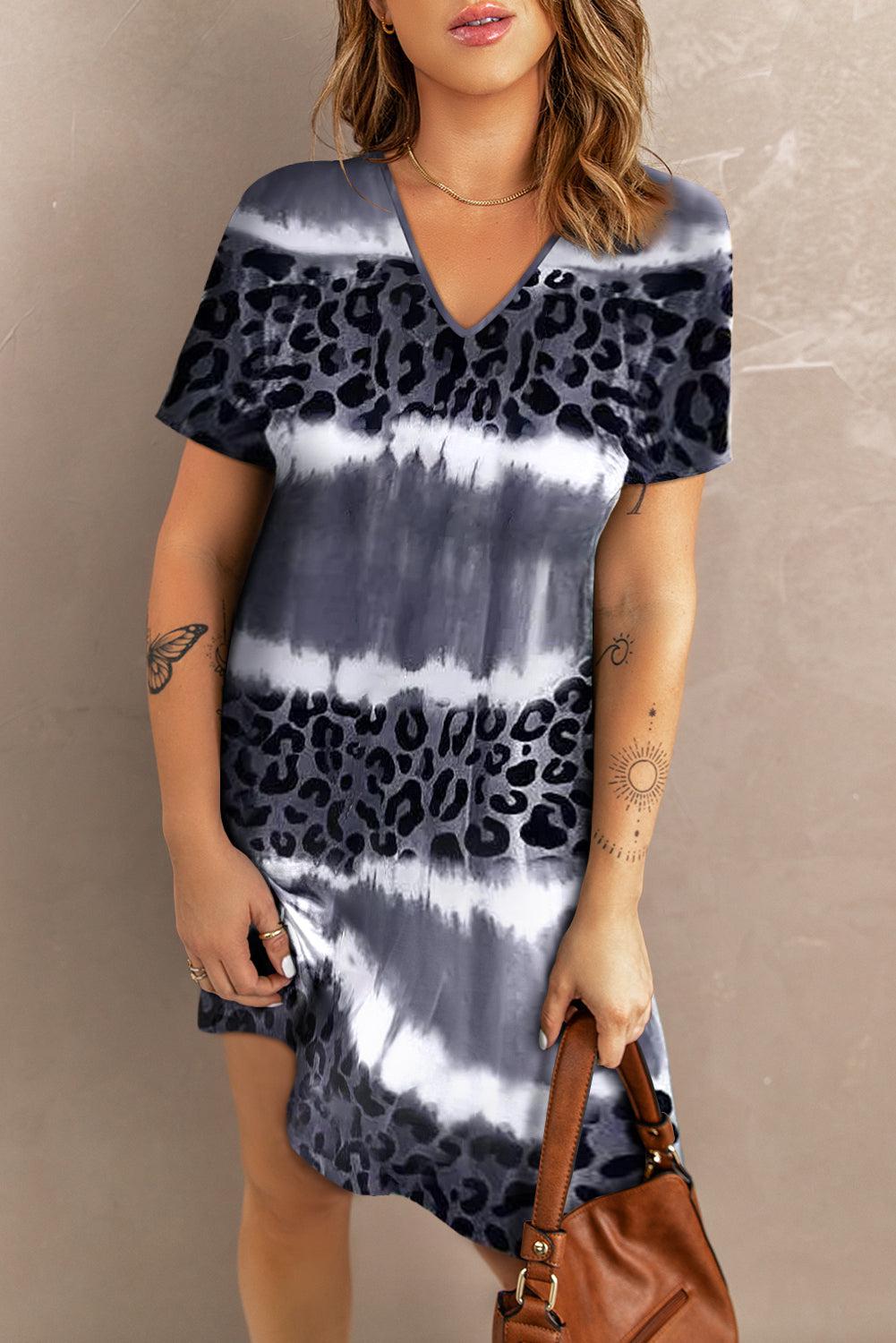 Leopard Color Block V-Neck Short Sleeve Dress BLUE ZONE PLANET