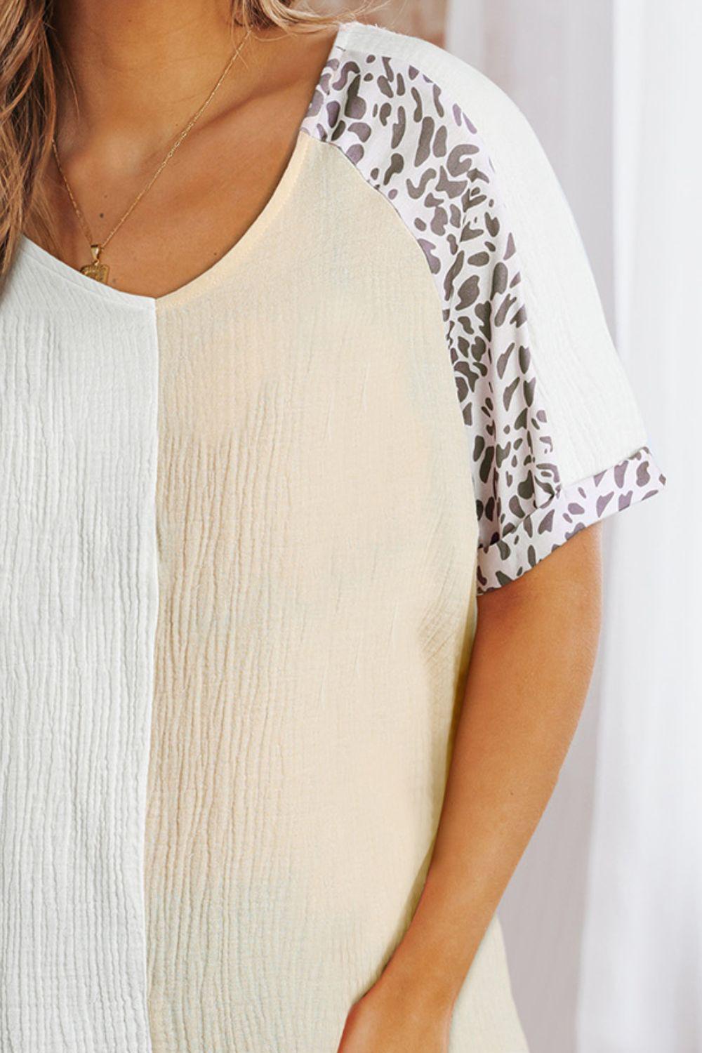 Leopard Color Block V-Neck Top BLUE ZONE PLANET