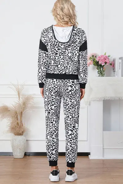 Leopard Contrast Hoodie and Pants Set Trendsi