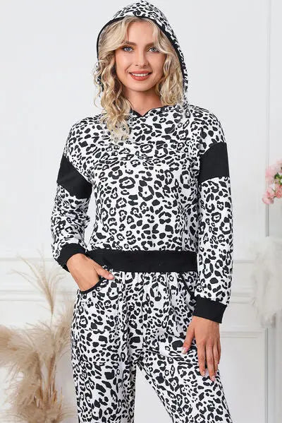Leopard Contrast Hoodie and Pants Set Trendsi