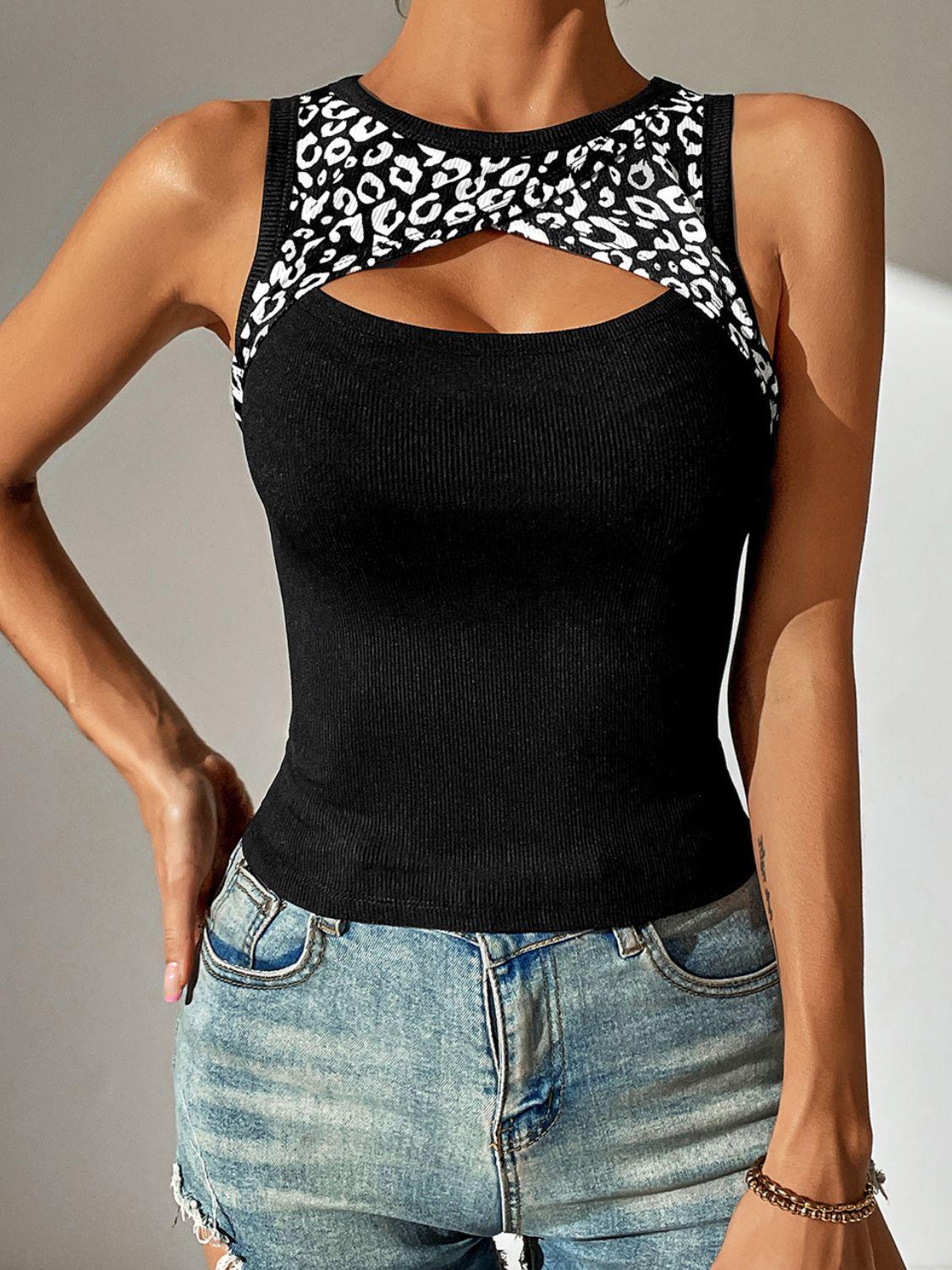 Leopard Cutout Round Neck Tank BLUE ZONE PLANET