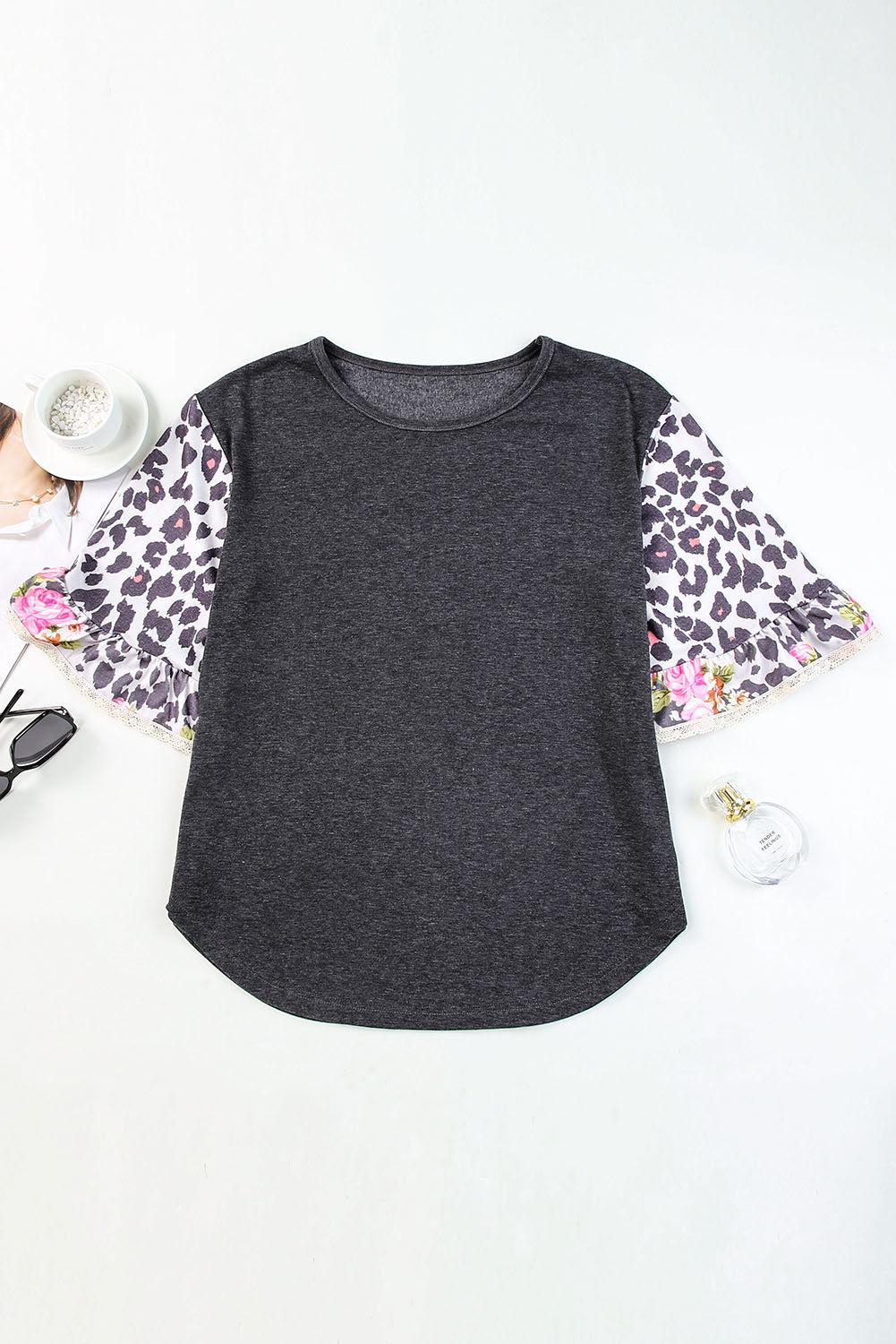 Leopard Flounce Sleeve Round Neck Top BLUE ZONE PLANET