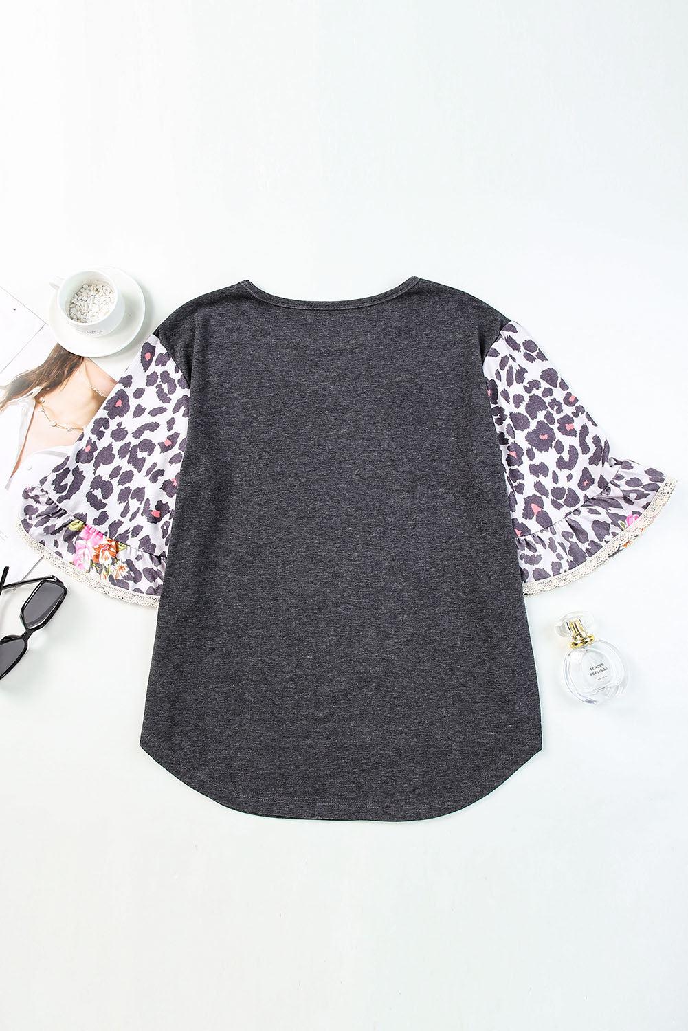 Leopard Flounce Sleeve Round Neck Top BLUE ZONE PLANET
