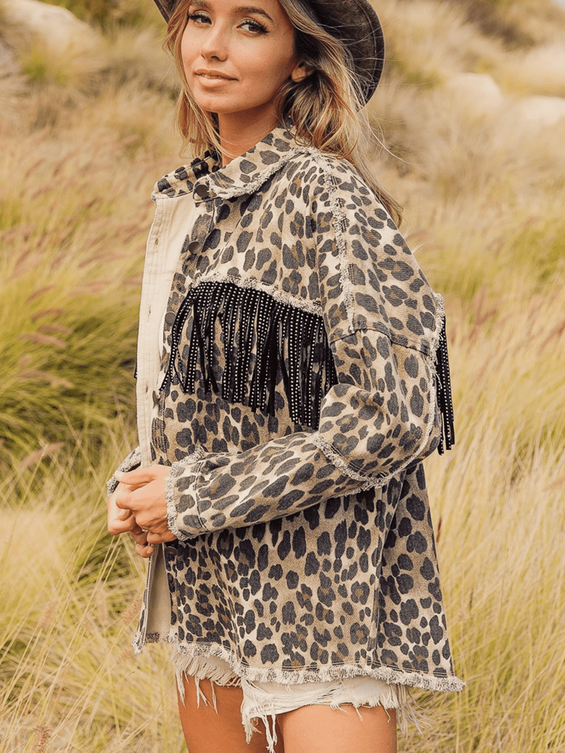 Leopard Fringe Detail Collared Neck Denim Jacket BLUE ZONE PLANET