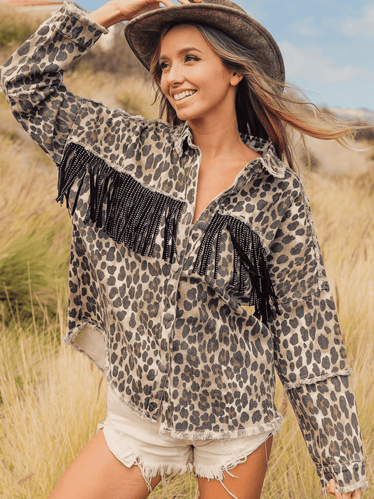 Leopard Fringe Detail Collared Neck Denim Jacket-TOPS / DRESSES-[Adult]-[Female]-Leopard-S-2022 Online Blue Zone Planet