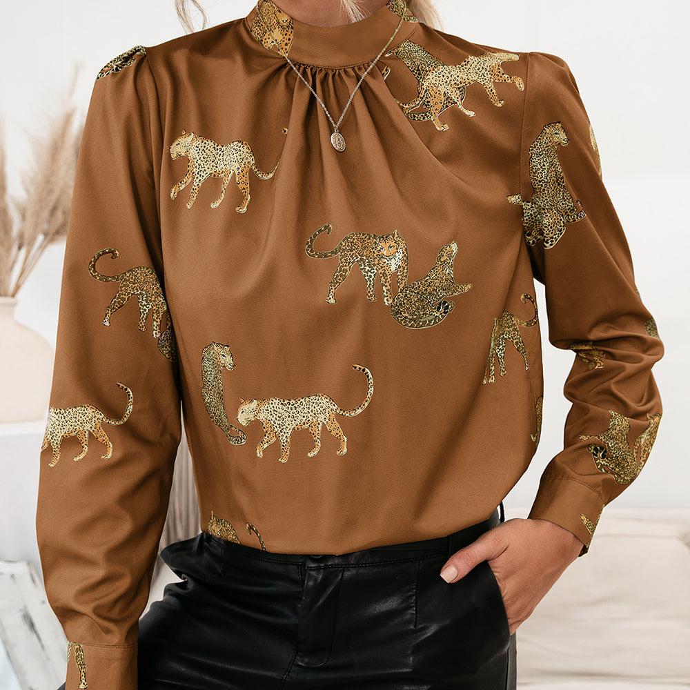 Leopard Graphic Mock Neck Puff Sleeve Blouse BLUE ZONE PLANET