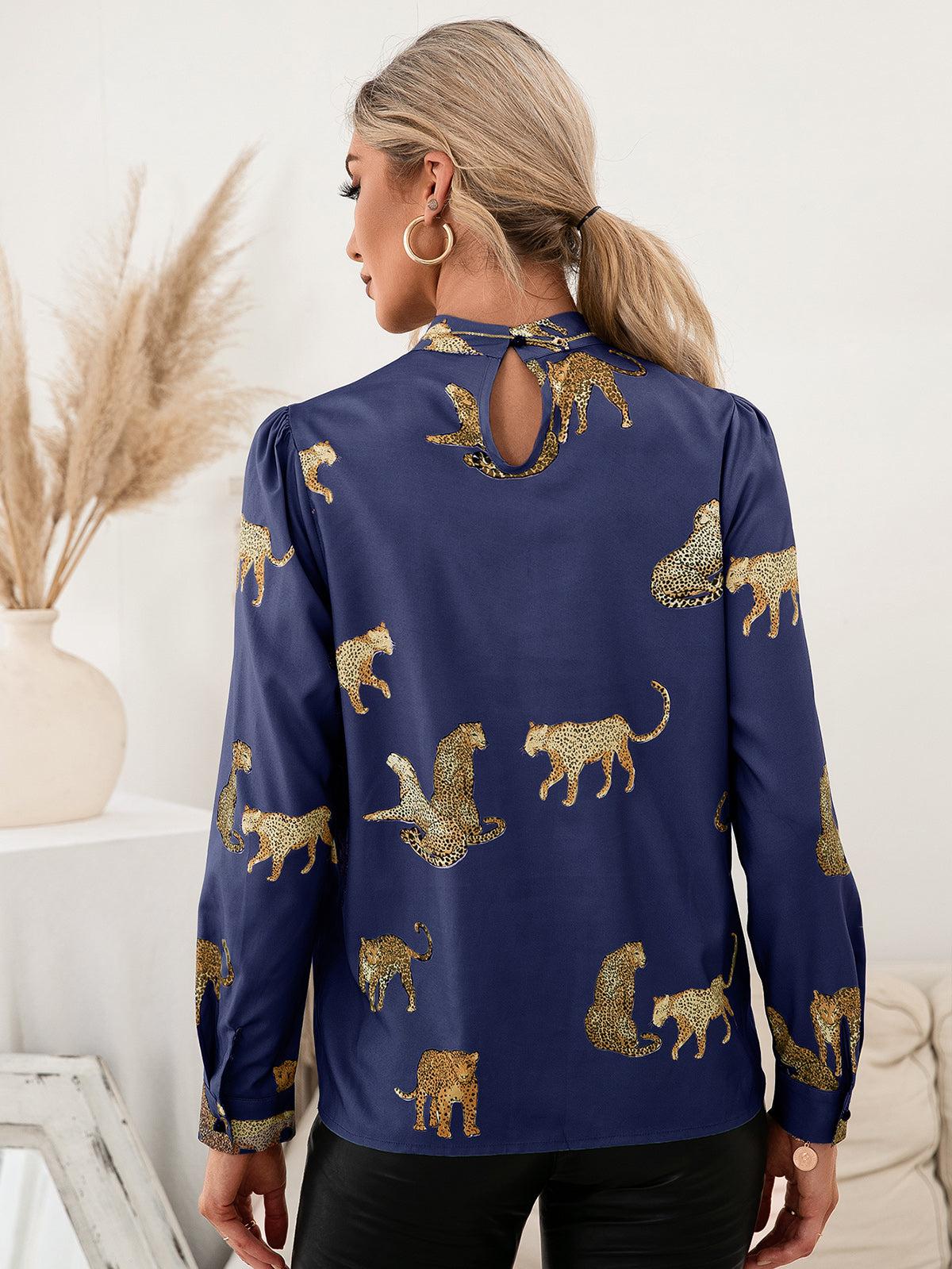 Leopard Graphic Mock Neck Puff Sleeve Blouse BLUE ZONE PLANET