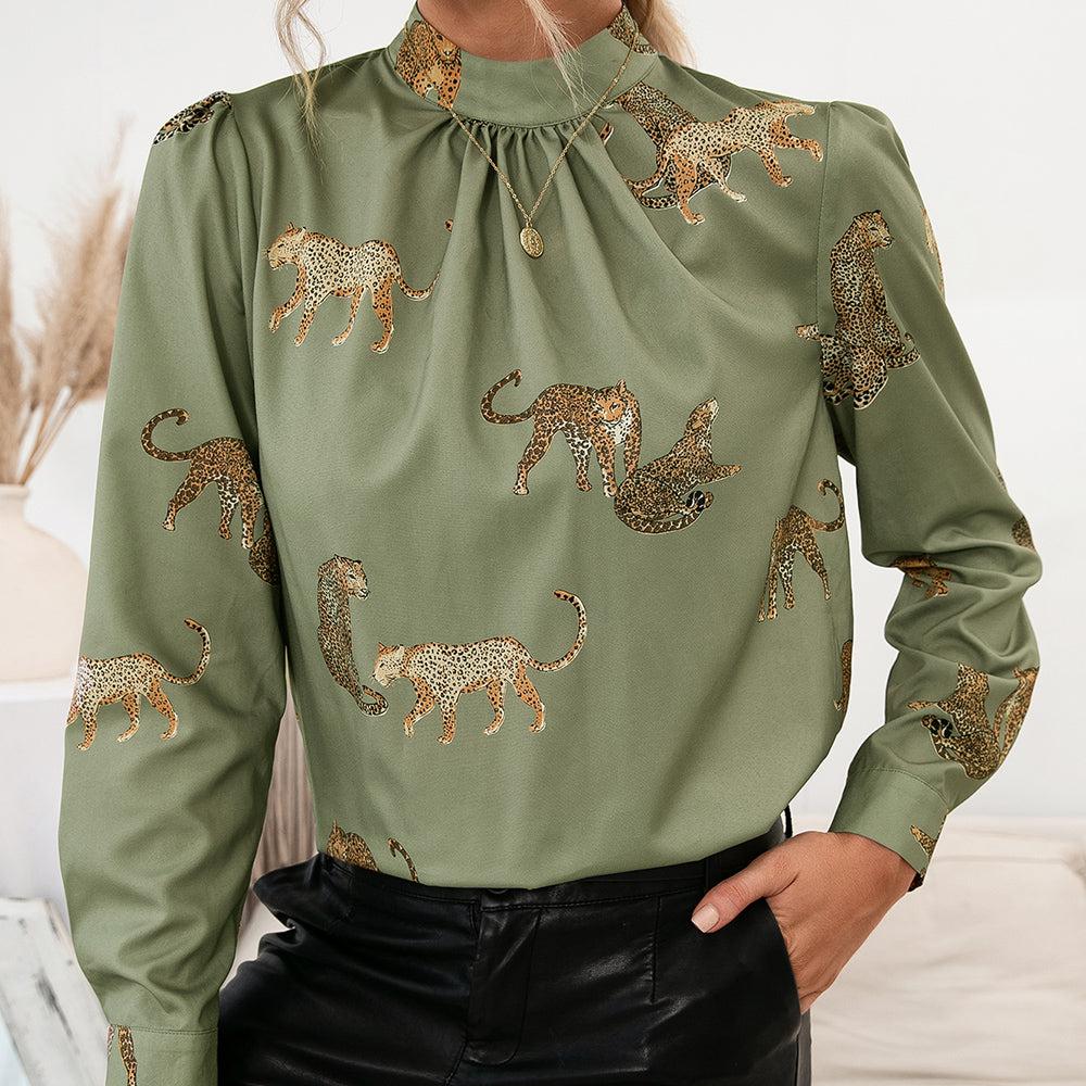 Leopard Graphic Mock Neck Puff Sleeve Blouse BLUE ZONE PLANET