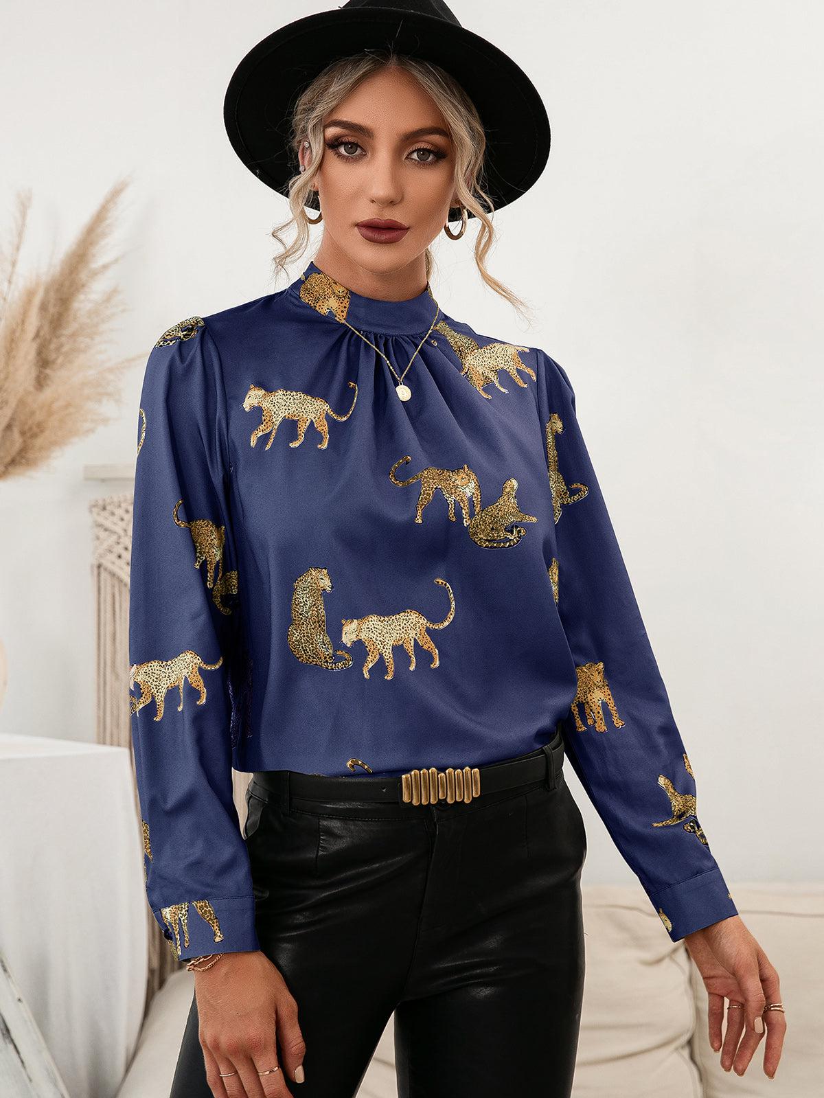 Leopard Graphic Mock Neck Puff Sleeve Blouse BLUE ZONE PLANET