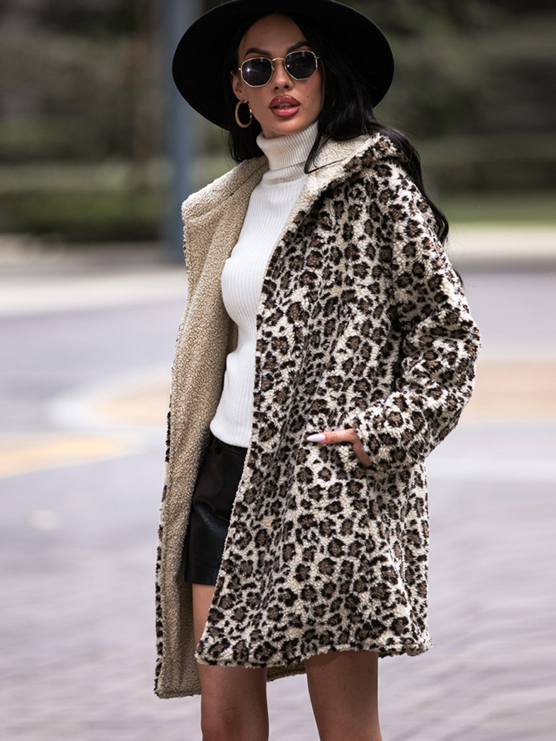 Leopard Hooded Coat with Pockets BLUE ZONE PLANET