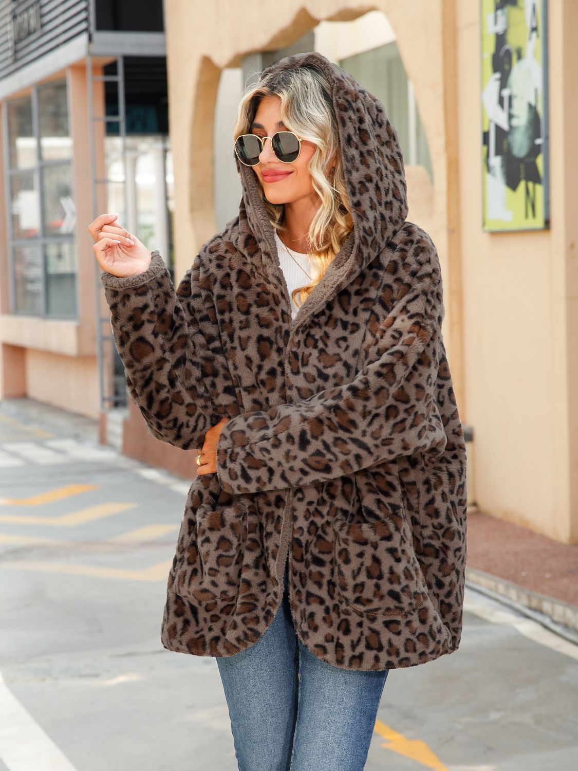 Leopard Hooded Coat with Pockets BLUE ZONE PLANET