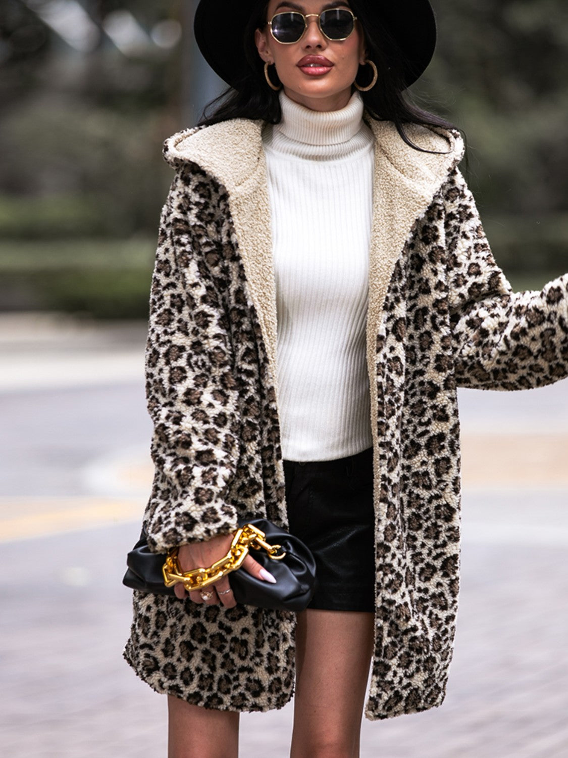 Leopard Hooded Coat with Pockets BLUE ZONE PLANET