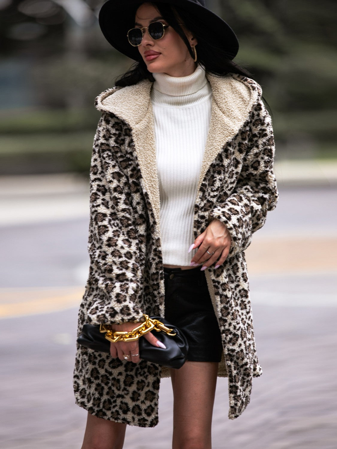 Leopard Hooded Coat with Pockets BLUE ZONE PLANET