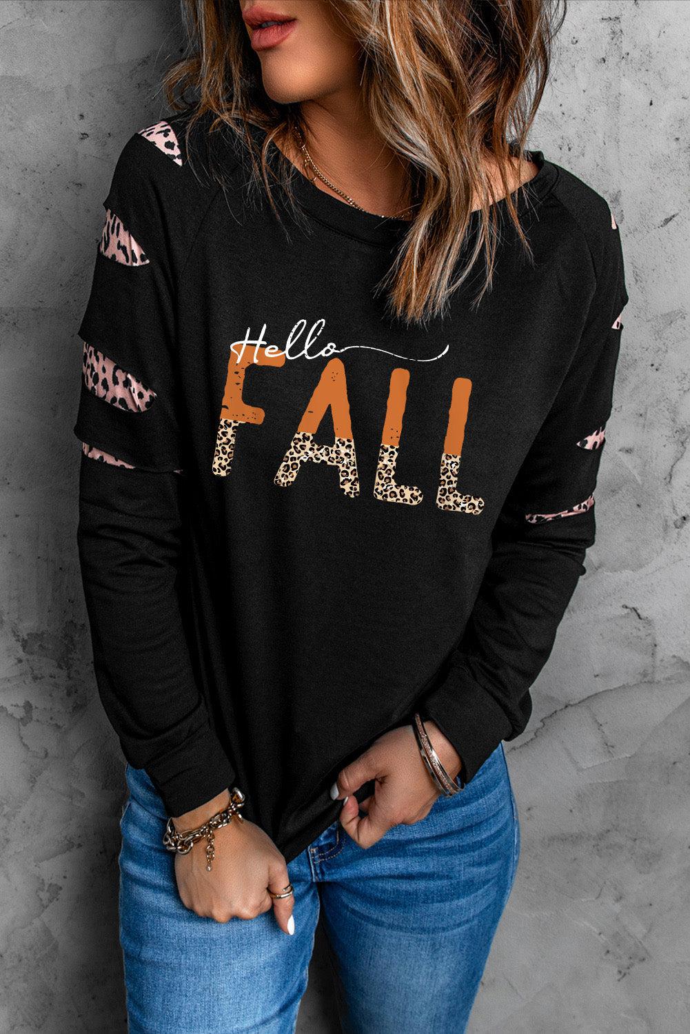 Leopard Long Sleeve Round Neck HELLO FALL Graphic Sweatshirt BLUE ZONE PLANET