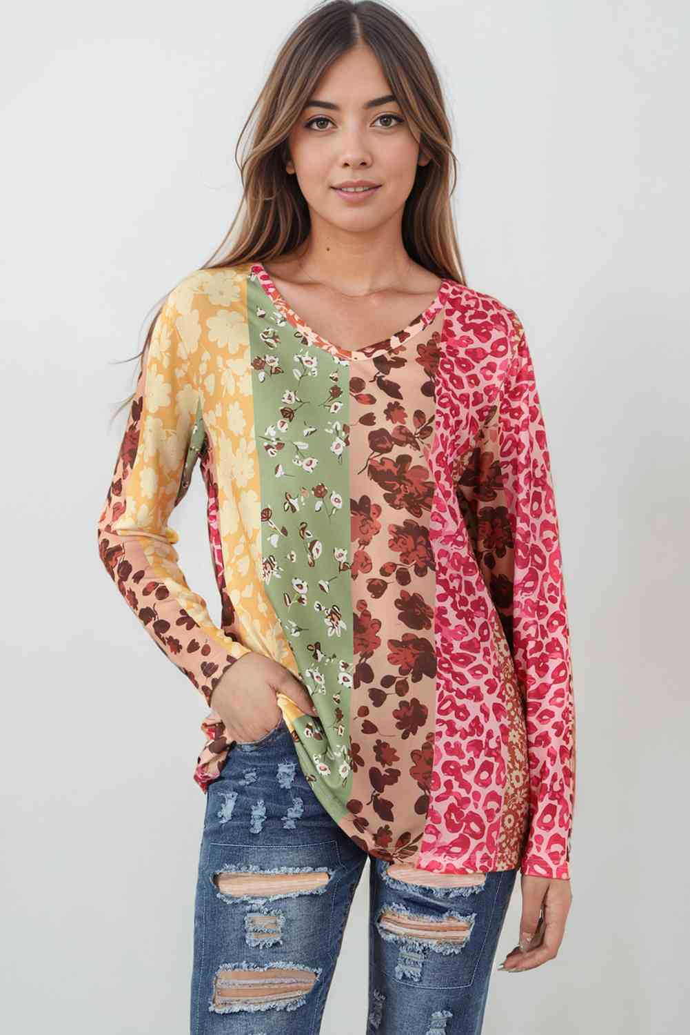 Leopard Long Sleeve V-Neck T-Shirt BLUE ZONE PLANET